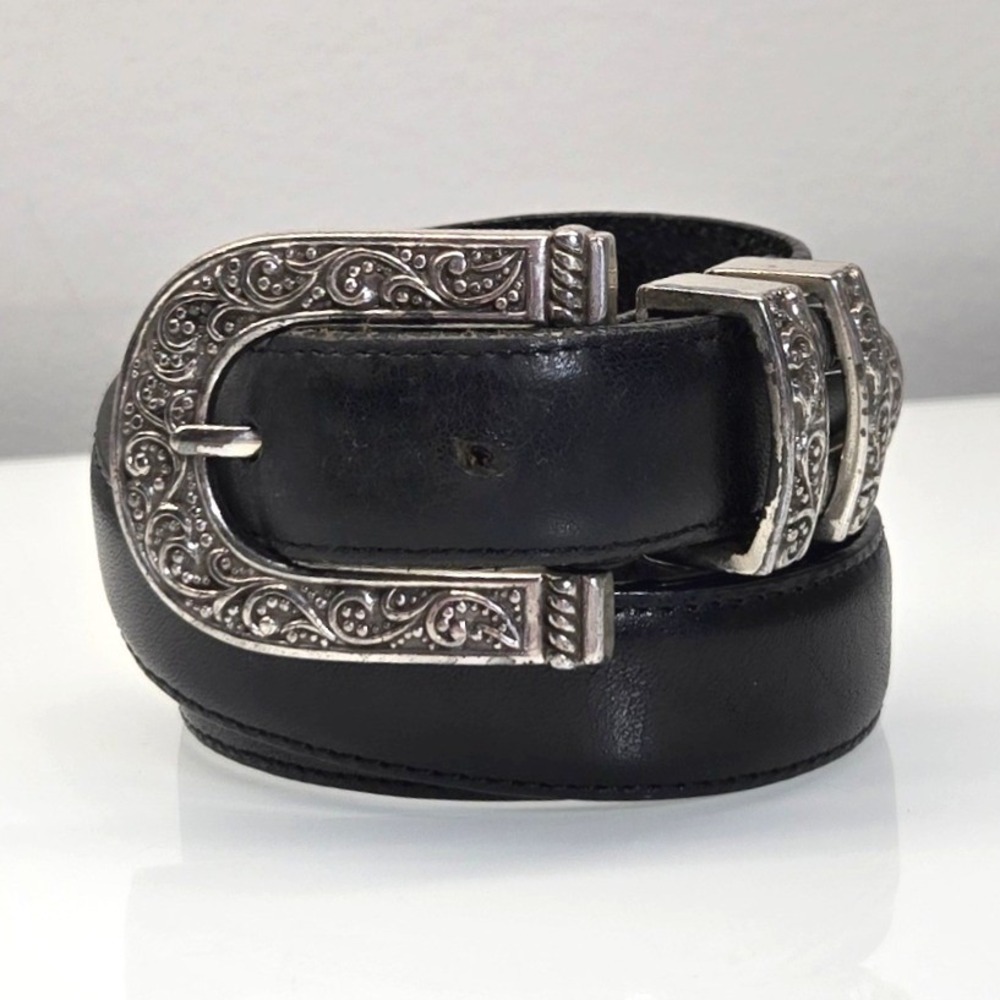 Vintage Y2K Brighton Leather Belt Medium 30 Black Silver Western Boho Filigree - Picture 1 of 10